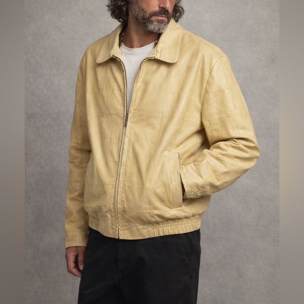 Vintage Jose Luis Butter Yellow Leather Jacket Zip Front Quilted Lined 40R